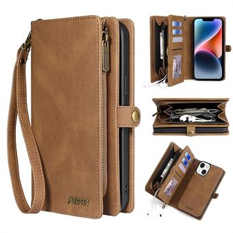 MEGSHI 017 Series For iPhone 14 Detachable Leather Case Magnetic Absorption Zippered Wallet Cover with Handy Strap