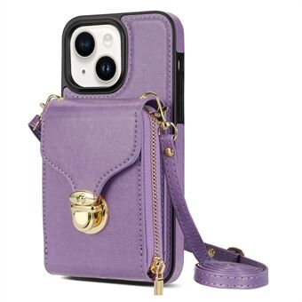 For iPhone 14 PU Leather Coated TPU Phone Case Zipper Card Slot Kickstand Cover with Shoulder Strap