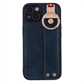 Back Cover for iPhone 14 Wristband Kickstand PU Leather Coated PC+TPU Phone Case with Neck Strap