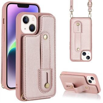 For iPhone 14 / 13 6.1 inch Wristband Kickstand Back Cover Card Holder PU Leather Coated TPU Phone Case