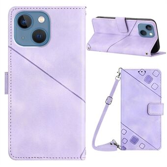 PT005 YB Imprinting Series-7 for iPhone 14 PU Leather Stand Case Imprinted Lines Wallet Phone Cover with Shoulder Strap