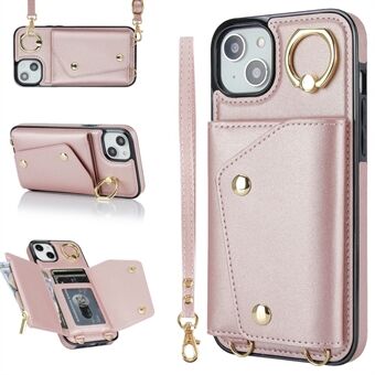 Zipper Wallet Leather Coated TPU Phone Case for iPhone 14 Ring Holder Kickstand Phone Cover