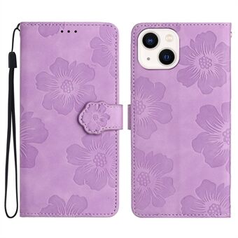 For iPhone 14 Cell Phone Case PU Leather Imprinted Flower Pattern Stand Wallet Cover with Strap