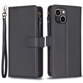 BF Style-19 Zipper Pocket Phone Case for iPhone 13 / 14 Solid Color PU Leather Stand Cover with Strap