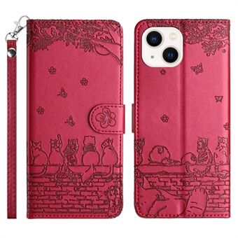 Imprinted Wall Cats Phone Leather Case for iPhone 14 , Wallet Stand Full Protection Cover with Strap