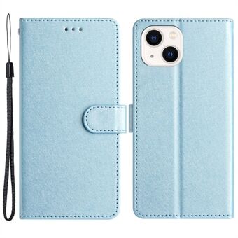 Phone Stand Cover for iPhone 14 PU Leather Silk Texture Fully Wrapped Wallet Case with Wrist Strap