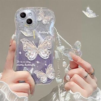 For iPhone 14 Gradient Glitter Wavy Edge Phone Case Butterfly Pattern TPU Cover with Chain