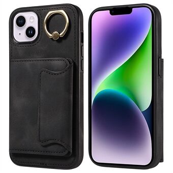 001 For iPhone 14 Card Holder Ring Kickstand Anti-drop Cover PU Leather Coated TPU Phone Case