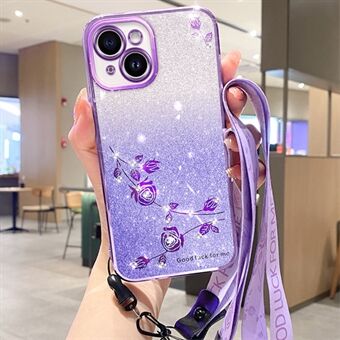 TPU Phone Cover for iPhone 14 , Flower Design Glitter Rhinestone Decor Cellphone Case with Strap