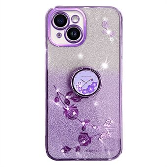 For iPhone 14 Cellphone Guard Case Ring Kickstand Flower Pattern Glitter TPU Cover