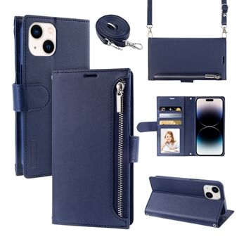 HANMAN Miki Series Zipper Pocket Phone Case for iPhone 14 , PU Leather Wallet Stand Cover with Shoulder Strap