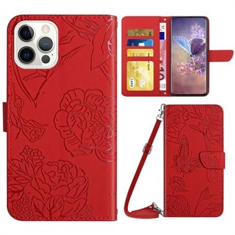 For iPhone 14 Pro 6.1 inch Imprinting Butterfly Flowers Phone Case PU Leather Inner TPU Wallet Stand Cover with Shoulder Strap