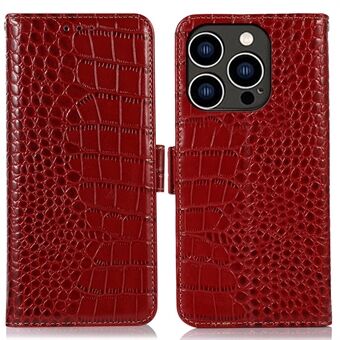 Crocodile Texture Phone Case for iPhone 14 Pro 6.1 inch, Genuine Cowhide Leather Magnetic Clasp RFID Blocking Shell with Stand Wallet