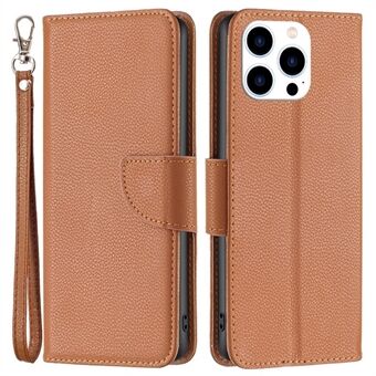 BF Leather Case Series-3 for iPhone 14 Pro 6.1 inch Wear-resistant Anti-fall Solid Color Litchi Texture PU Leather Full Covering Cellphone Case Stand Wallet with Strap