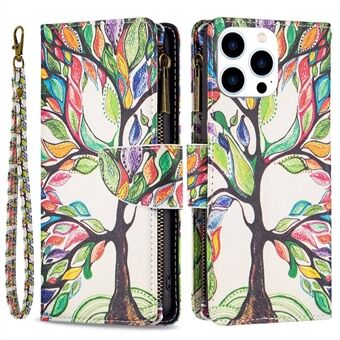 BF Pattern Printing Leather Series-4 for iPhone 14 Pro 6.1 inch, 03 Style Zipper Pocket Phone Case Pattern Printing PU Leather Wallet Stand Cover