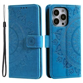 For iPhone 14 Pro 6.1 inch Mandala Flower Pattern Imprinted PU Leather Wallet Case Magnetic Closure Stand Soft TPU Book Cover