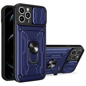 For iPhone 14 Pro 6.1 inch Slide Lens Cover Kickstand PC + TPU Shell Card Holder Shockproof Phone Case