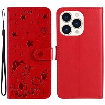 KT Imprinting Flower Series-4 Phone Wallet Case for iPhone 14 Pro 6.1 inch Imprinted Cat and Bee Pattern PU Leather Flip Cover Protective Shell Stand with Strap