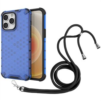 For iPhone 14 Pro 6.1 inch Honeycomb Textured Phone Case Hard PC Soft TPU Shock Absorption Back Cover with Lanyard