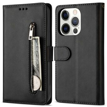 For iPhone 14 Pro 6.1 inch Shockproof Phone Wallet Case Zipper Pocket Textured PU Leather + TPU Flip Cover with Stand