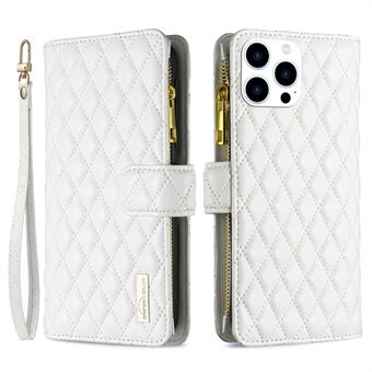 BINFEN COLOR for iPhone 14 Pro 6.1 inch BF Style-15 Zipper Pocket Imprinted Rhombus Pattern Case Drop Resistant Flip Stand Matte PU Leather Wallet Cover