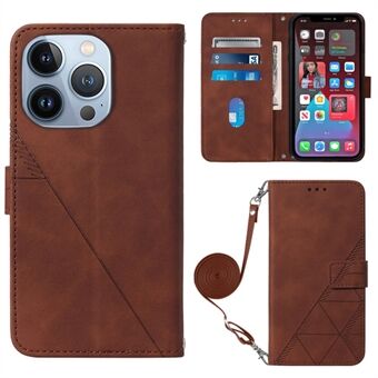 For iPhone 14 Pro 6.1 inch YB Imprinting Series-2 Imprinted Lines Stand Wallet Phone Case Business Style Leather Cover with Shoulder Strap