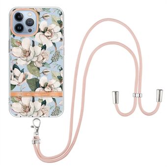 YB IMD-11 Series for iPhone 14 Pro 6.1 inch Anti-wear Flower Pattern Stylish Electroplating Phone Cover IMD TPU Case with Lanyard