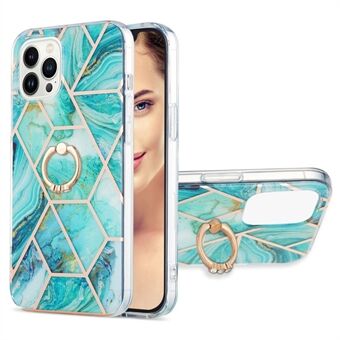 For iPhone 14 Pro 6.1 inch YB IMD Series-7 Electroplating Shiny Marble Pattern Case IMD Soft TPU Ring Holder Kickstand Phone Cover