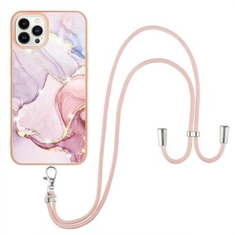 For iPhone 14 Pro 6.1 inch YB IMD Series-9 Marble Pattern IMD Phone Case Electroplating Frame TPU Soft Cover with Lanyard