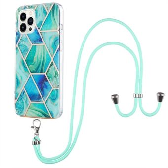 YB IMD Series-5 Back Cover for iPhone 14 Pro 6.1 inch, Anti-drop IML Electroplating Splicing Marble Pattern TPU Phone Case Anti-scratch Shell with Lanyard