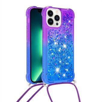 For iPhone 14 Pro 6.1 inch YB Quicksand Series-6 Gradient Color Anti-scratchTPU Case Floating Sequins Quicksand Phone Cover with Lanyard