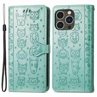 For iPhone 14 Pro 6.1 inch Imprinted Cat Dog Pattern PU Leather Case Drop-proof Protection Wallet Stand Phone Cover with Strap