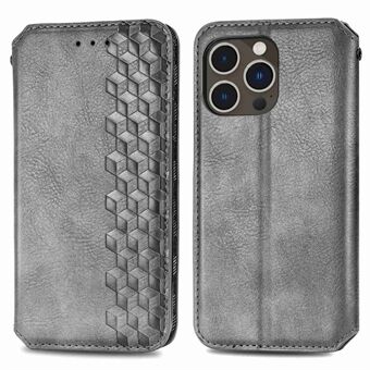 For iPhone 14 Pro 6.1 inch Drop-proof Flip Leather Wallet Case Stand Auto-absorbed Magnetic Rhombus Imprinting Anti-scratch Phone Cover