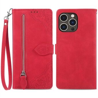 For iPhone 14 Pro 6.1 inch Pattern Imprinted PU Leather Wallet Phone Case Zipper Pocket Stand Wrist Strap Magnetic Protective Cover