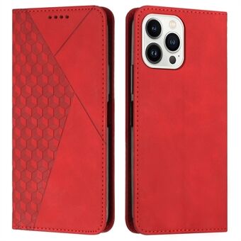 Drop-proof Rhombus Pattern Imprinted Case for iPhone 14 Pro 6.1 inch, Wallet Stand PU Leather Magnetic Skin-touch Phone Cover