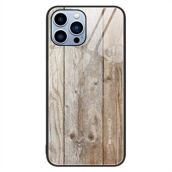 For iPhone 14 Pro 6.1 inch Wood Pattern Back Cover Tempered Glass TPU Frame Shock-Absorption Phone Case