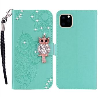 For iPhone 14 Pro 6.1 inch PU Leather Owl Flower Imprinted Wallet Stand Case Magnetic Clasp Rhinestone Decor Phone Cover