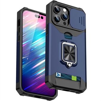 For iPhone 14 Pro 6.1 inch Card Slot Design Phone Case Hard PC Soft TPU Hybrid Slide Camera Lens Cover Design Kickstand Back Cover