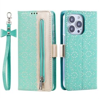 For iPhone 14 Pro 6.1 inch Zipper Wallet Case Well-protected Lace Flower Pattern PU Leather Bowknot Wrist Strap Stand Phone Cover