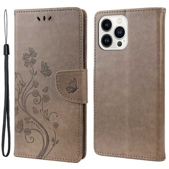 For iPhone 14 Pro 6.1 inch Anti-fingerprint Imprinted Flower Butterflies Leather Mobile Phone Case Wallet Stand Cover