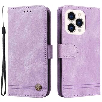 For iPhone 14 Pro 6.1 inch Tree Pattern Hardware Lines Imprinted PU Leather Phone Drop-proof Case Flip Stand Wallet Cover with Strap