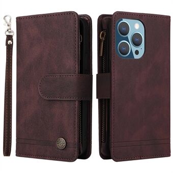 For iPhone 14 Pro 6.1 inch Anti-fall Skin-touch Stripes Imprinted Leather Cover Card Slots Flip Wallet Stand Protective Case with Zipper Pocket