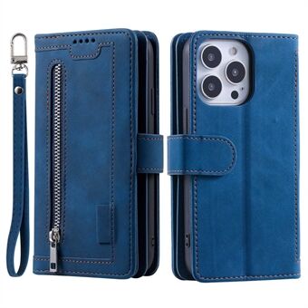 For iPhone 14 Pro 6.1 inch Zipper Pocket Design PU Leather 9 Card Slots Case Magnetic Closure Hands-free Stand Wallet Cover with Strap