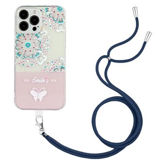 For iPhone 14 Pro 6.1 inch Wear-resistant Embossment Lacquered Butterfly Soft TPU Phone Shell Case with Adjustable Lanyard