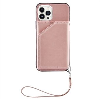 YB Leather Coating Series-2 for iPhone 14 Pro 6.1 inch 5G Kickstand Card Holder Phone Back Case PU Leather Coated TPU Protective Cover with Strap