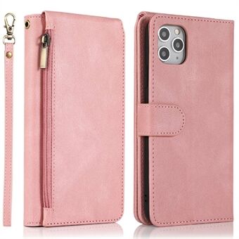 For iPhone 14 Pro 6.1 inch Zipper Pocket Skin-touch Multiple Card Slots Case PU Leather Wallet Stand Phone Cover with Hand Strap