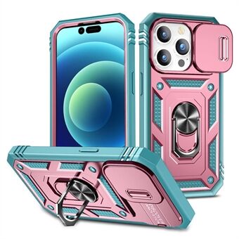 For iPhone 14 Pro 6.1 inch Wear-resistant PC+TPU Sliding Camera Lens Cover Design Anti-shock Case with Kickstand  /  Card Slot