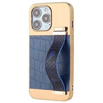 For iPhone 14 Pro 6.1 inch Electroplating PU Leather Splicing PC+Metal Phone Case Crocodile Texture Shockproof Cover with Hand Strap Kickstand