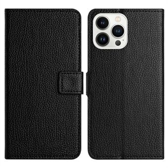 For iPhone 14 Pro 6.1 inch PU Leather Wallet Case Litchi Texture Foldable Stand Folio Flip Phone Shell - Black