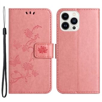 For iPhone 14 Pro 6.1 inch Butterfly Flower Imprinted Phone Case PU Leather Flip Wallet Stand Anti-scratch Phone Cover with Strap